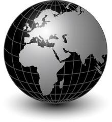Earth globe 3D icon,  planet earth symbol silver black with meridians and parallels isolated.