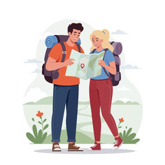 Couple backpackers studying map outdoors planning adventure trip together outdoors illustration