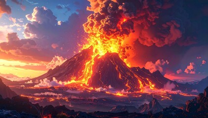 Dramatic Volcanic Eruption with Lava Flow, Clouds, and Mountains