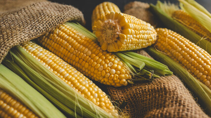 Freshly harvested corn cobs on a rustic burlap background.
