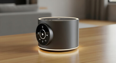 Modern cylindrical projector with glowing base and side controls sits on a wooden table