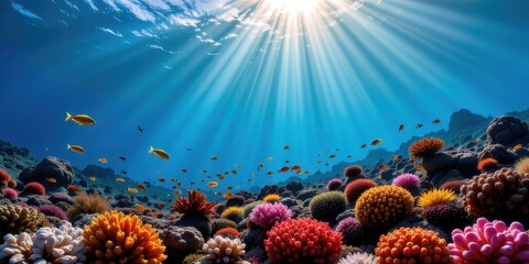 Fototapeta premium a vibrant coral reef underwater with schools of fish, colorful corals, and sunbeams breaking through