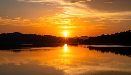 Obraz premium Radiant Golden Sunset Reflecting on Tranquil Waters Under a Partly Cloudy Sky Landscape Photography