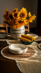 A vibrant still life of sunflowers and corn on a rustic table setting.