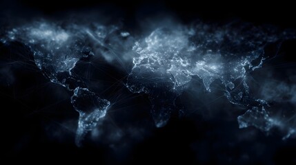 An abstract glowing digital world map illustrates interconnected global networks and data flow across continents with futuristic blue lighting