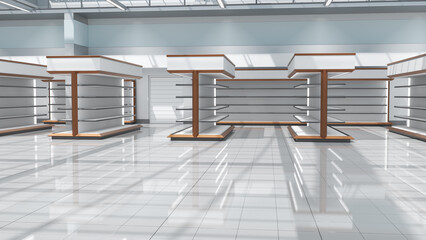 Supermarket interior mockup with gondola display racks with wood-grain edges and toppers. 3d illustration