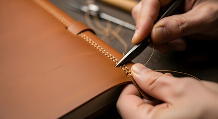 Crafting Handmade Leather Journal Hands Stitching Detail and Artisan Tools