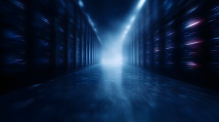 Abstract futuristic server room corridor with glowing blue lights and motion blur effect