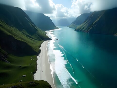 Ultra-realistic aerial view of Hoddevik beach in Norway