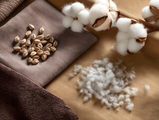 Overhead View of Cotton Plant Bolls, Seeds, and Natural Fabric Samples, raw material, nature, sustainability