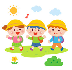 遠足で歩く子どもたちのイラスト