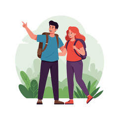 Adventurous couple hiking with backpacks enjoying nature and scenic views outdoors together illustration