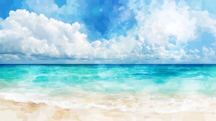 Obraz premium dreamy shoreline scene rendered in watercolor vector, transparent turquoise water lapping at sandy beach, overhead sky painted with delicate cloud clusters