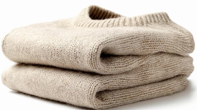 Two beige knit sweaters folded and stacked on top of each other.