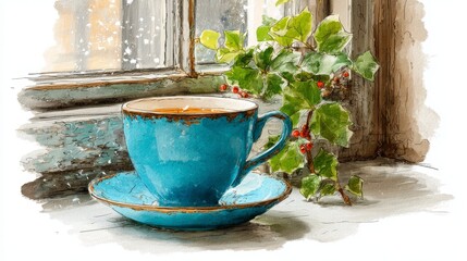 Watercolor rounded teacup by the window with winter and Christmas atmosphere, rustic cozy holiday setting, artistic detailed painting style, isolated on white background, warm aesthetic illustration