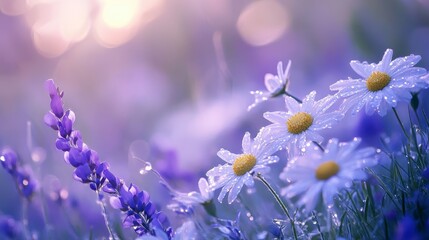 Wide-angle macro of chamomile blooms and purple wild peas in dewy meadow, soft morning haze diffusing sunlight, cool blue tones blending with lavender and white petals.