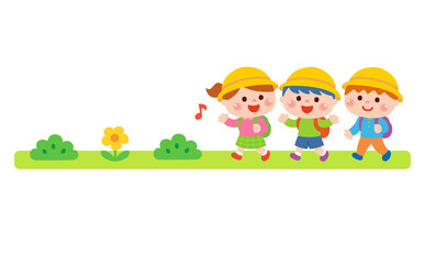 遠足で歩く子どもたちのイラスト
