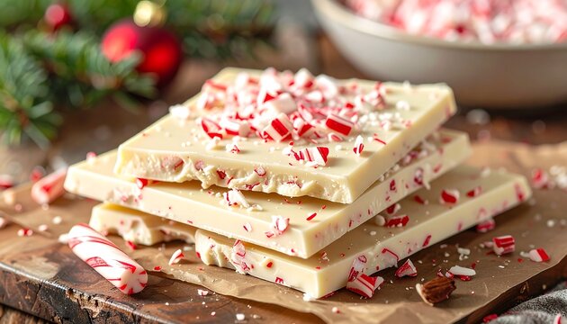 Festive white chocolate bark with crushed candy canes, perfect for Christmas