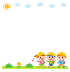 遠足で歩く子どもたちのイラスト