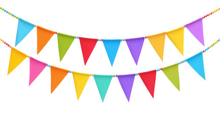 Obraz premium Colorful Garlands for Celebration: Two strings of vibrant triangular pennants cascade playfully, creating a visual feast of rainbow hues, ideal for parties and festive events.