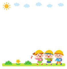 遠足で歩く子どもたちのイラスト