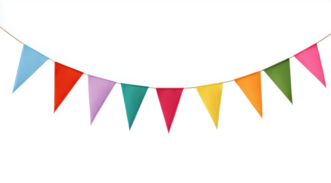 Festive Pennant Banner: A vibrant garland of colorful pennants hangs, adding a touch of festive cheer to any celebration or event. Showcasing a rainbow of colors, they symbolize joy, unity.