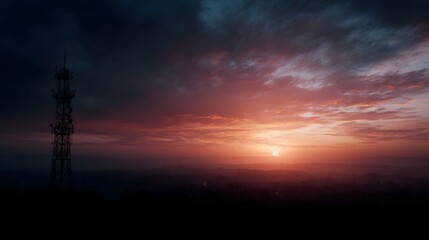 A tall communication tower stands silhouetted against a vibrant sunset sky over a city landscape