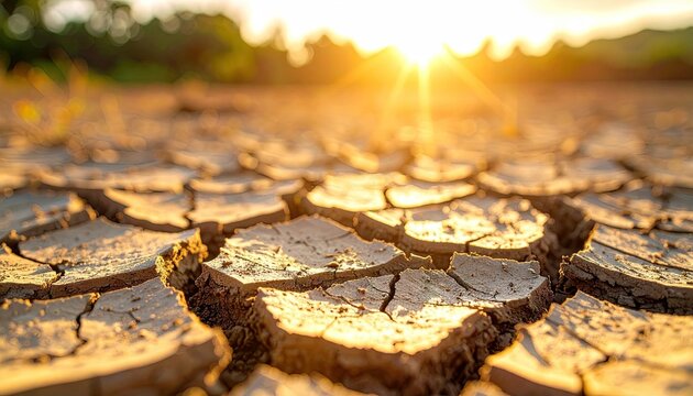 Arid Cracked Earth with Golden Sunset Light Close Up View - Powered by Adobe