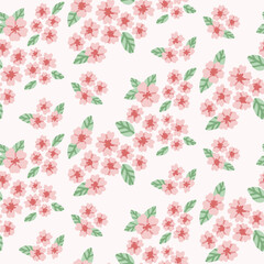 Pink cherry blossom seamless pattern, hand-drawn sakura flowers and leaves in pastel pink tones