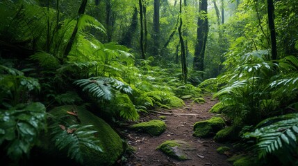 Fototapeta premium A photo of a path through a dense lush rainforest