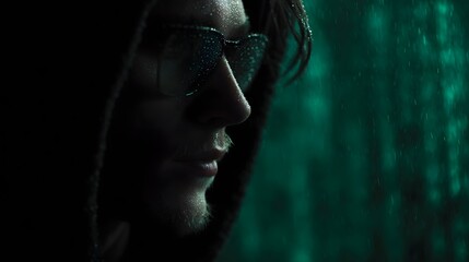 Hacker in dark room with green code on screen