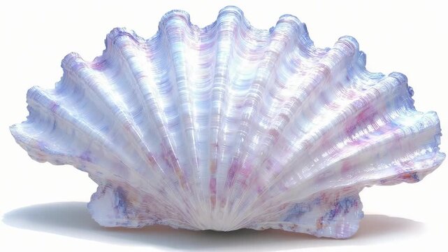 A large white scallop shell with radiating ridges and a faint purple tint.