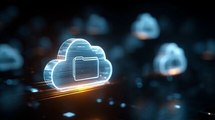 Stunning glowing neon cloud icon with folder symbol representing secure digital data storage and cloud computing technology concept