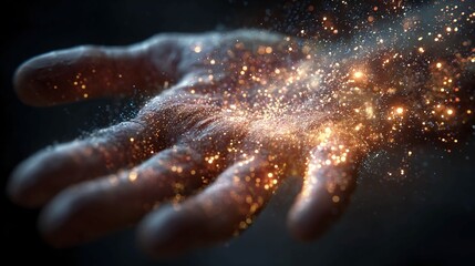 Close-up of a human hand disintegrating into particles of light, representing transformation.