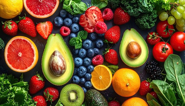 Arrangement of Colorful Fresh Fruits and Vegetables on Dark Surface