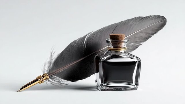 A glass ink bottle with a large black feather quill resting on it.
