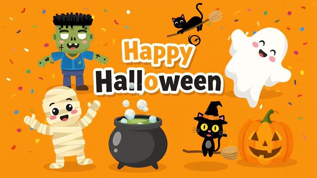 A cute collection of cartoon Halloween characters like a monster, ghost, mummy, and cat on orange