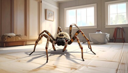 Giant spider in a house, creating an eerie and unsettling atmosphere indoors