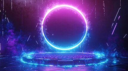 Fototapeta premium high-detail vector of a circular neon portal hovering above a hexagonal platform, pulsating blue and purple glows with animated spark particles drifting upward