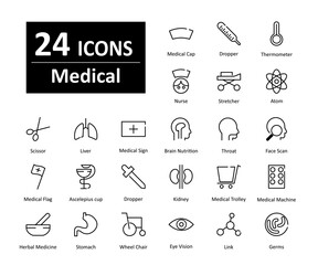 These are 24 beautiful small, pixel perfect medical interface vector icons.