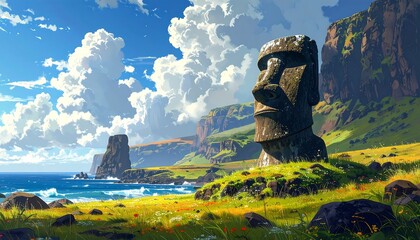 Easter Island Moai Statue Landscape with Blue Sky and Ocean Scenery