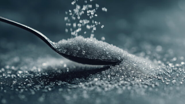 Granulated sugar falling from a spoon onto a dark surface creating a fine layer Generative AI