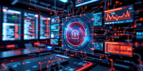 Obraz premium concept art of a virtual threat detection system with glowing alerts and monitored data flows