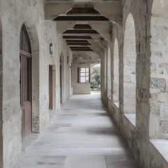 Obraz premium Stone archway hallway perspective with light streaming through window openings