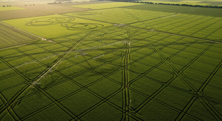 Vast green agricultural fields showcase intricate crop patterns and irrigation systems under the golden hour sun, an aerial perspective of modern farming.