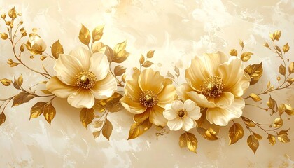 Elegant Floral Composition with Golden Flowers on a Creamy Background