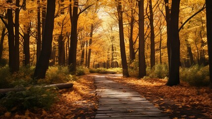 Fototapeta premium A photo of a serene forest path with fall foliage
