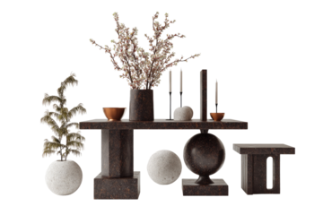 Modern, minimalist table setting with decorative vases and plants