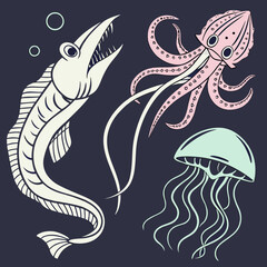 Illustration of sea creatures including a barracuda, octopus, and jellyfish, showcasing the diversity and beauty of marine life in a whimsical and artistic style