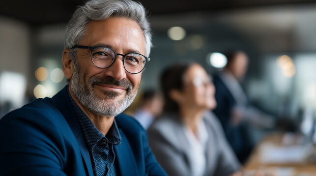Portrait of self assured confident businessman smiling genuinely and glancing at colleague while actively collaborating in corporate office environment professional interaction